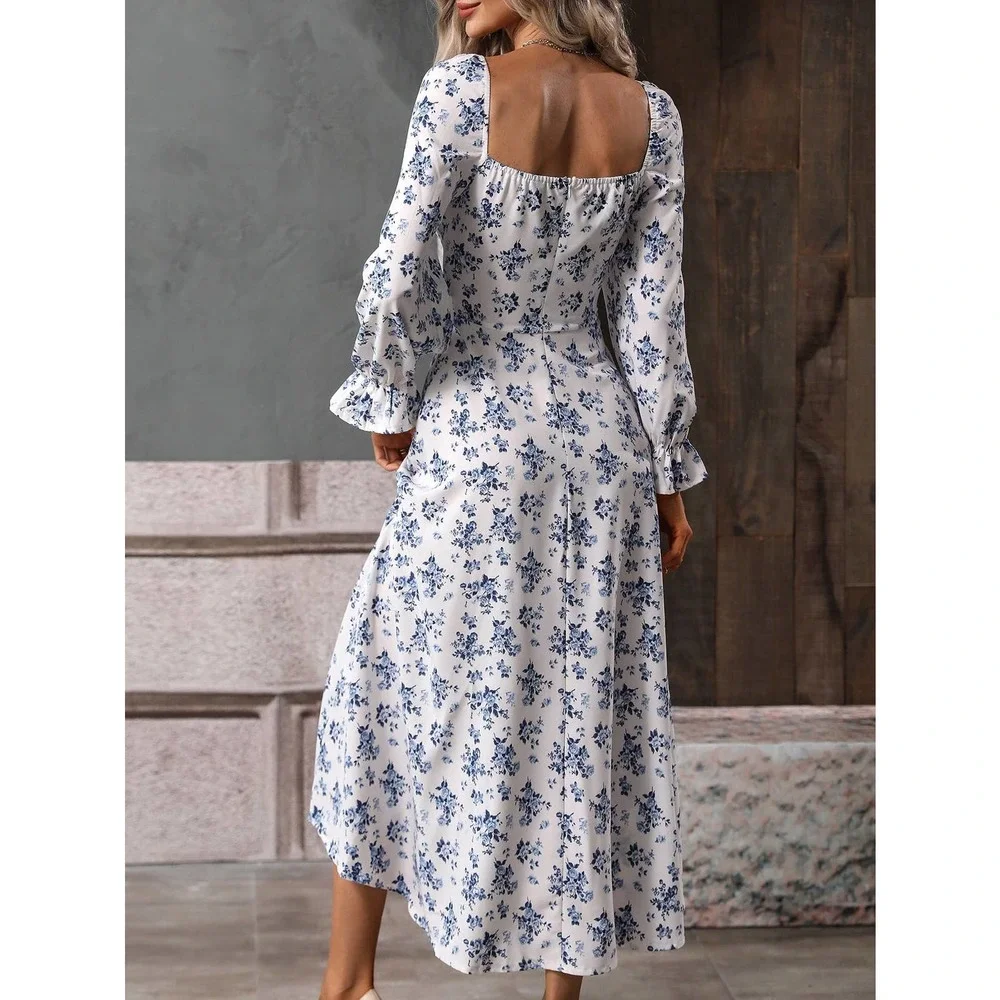 Blue white Floral Print Flounce long Sleeve Knotted Split Thigh midi Dress - Picture 2 of 11